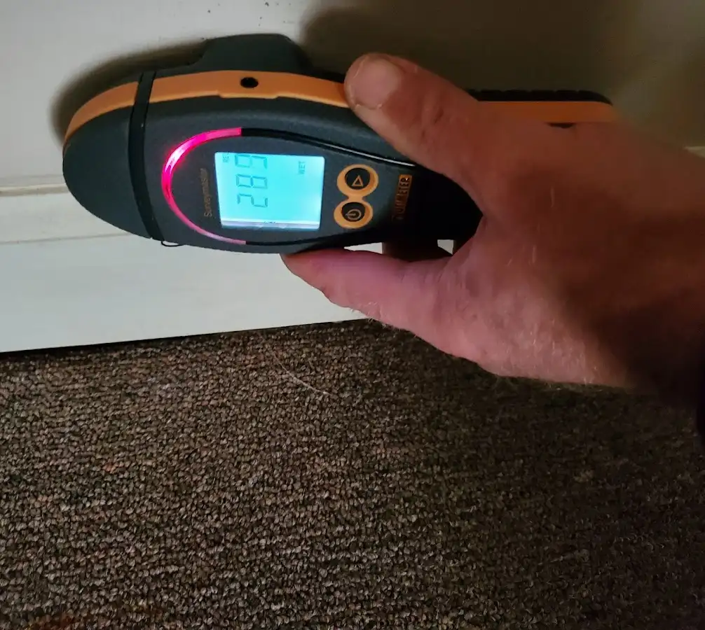 Moisture detection at baseboard during Storm Damage Restoration in San Jacinto